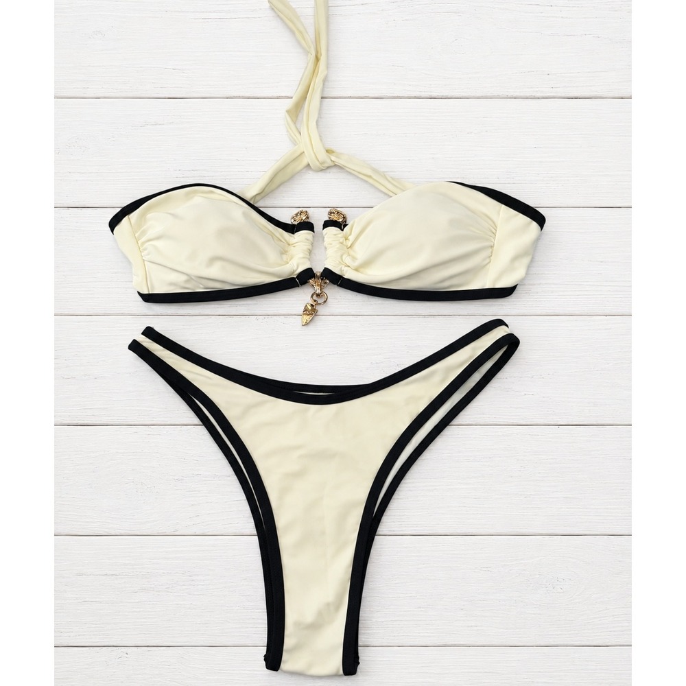 Fashion Nova Harper Contrast Trim 2 Piece Bikini White Black Swim S 4352